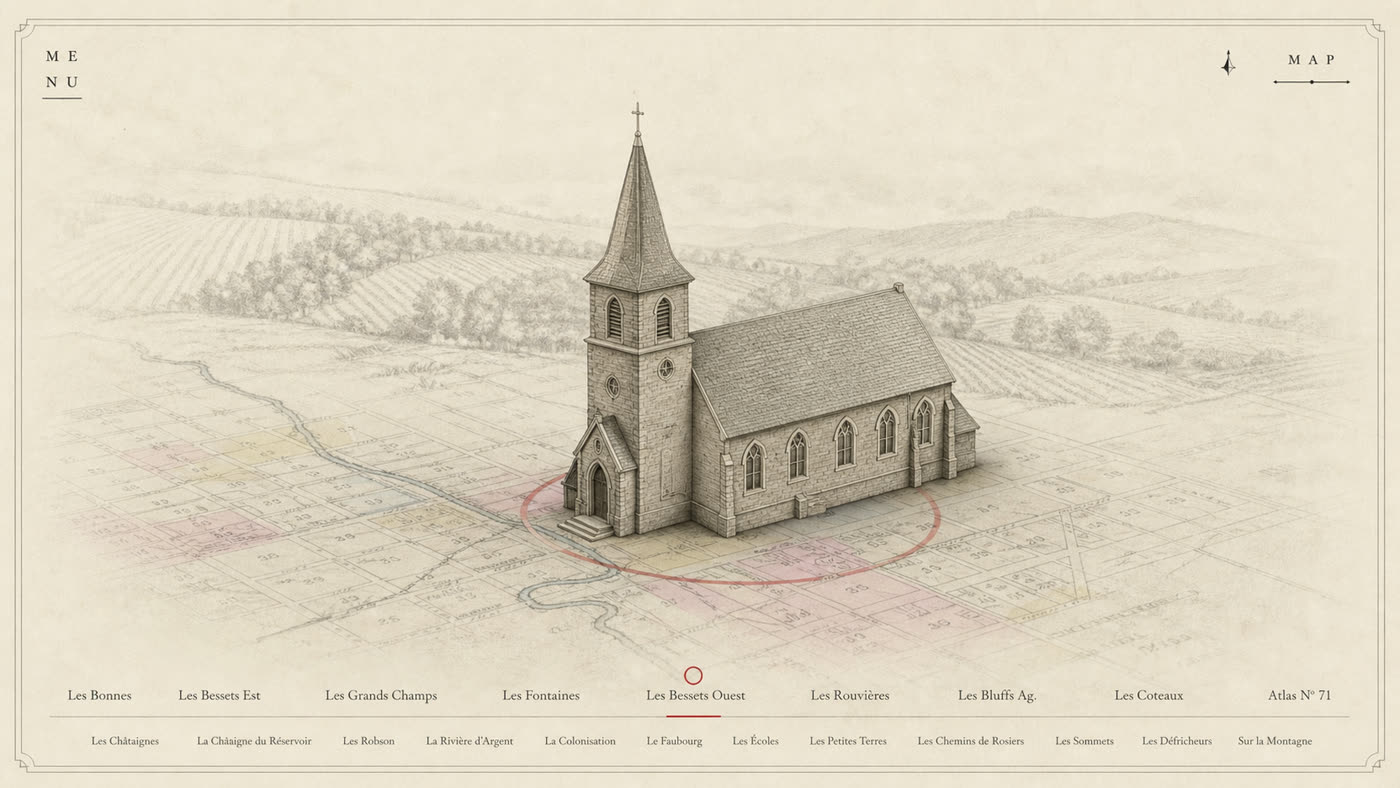 Still from the parish history film: a model of St. James church rising from the map of Vernon.