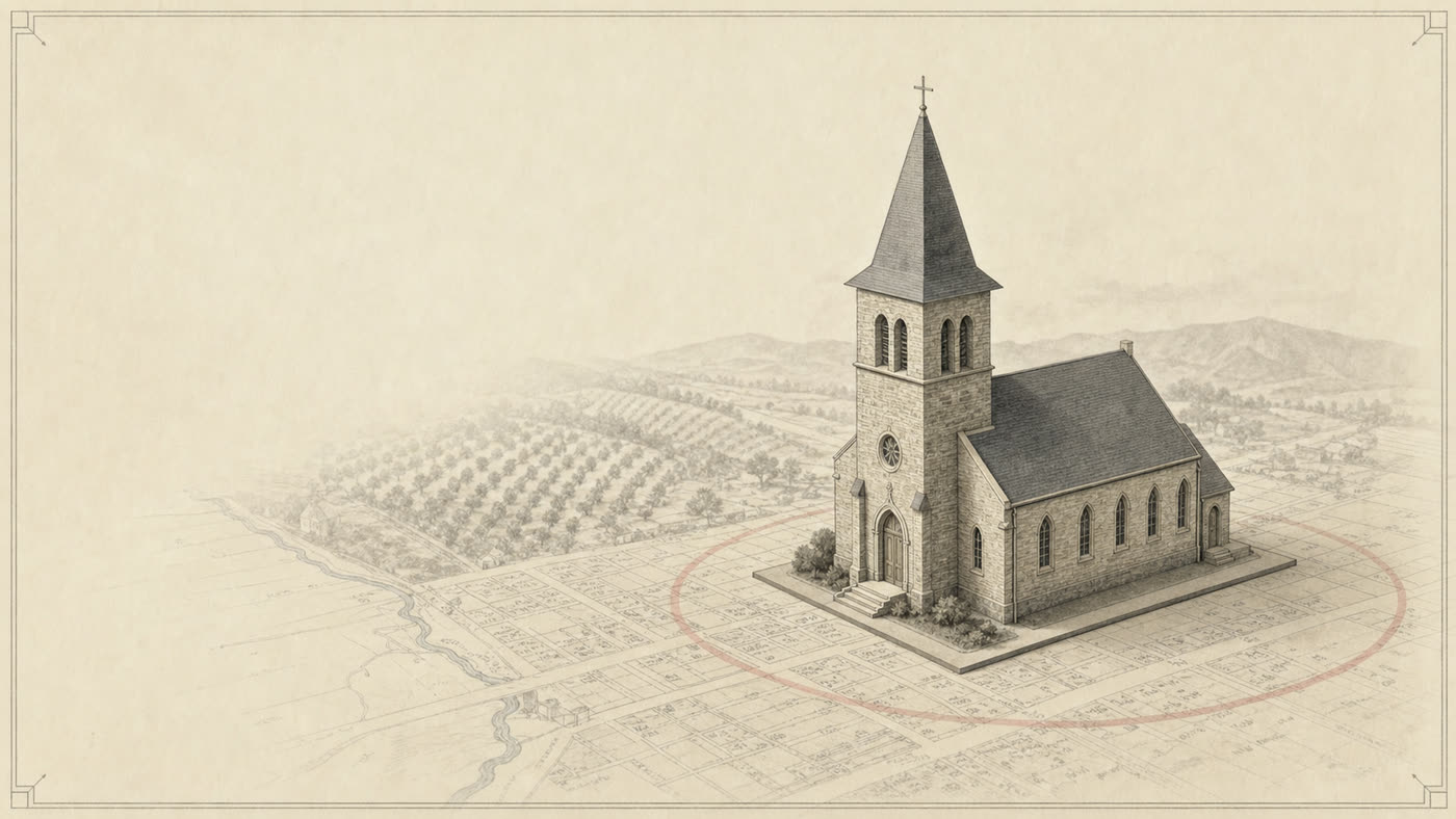 Still from the parish history film: the finished St. James church standing over the map of the Vernon area.